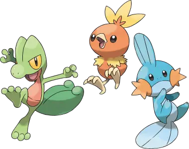 Les starters de la région Hoenn : Arcko, Poussifeu et Gobou.