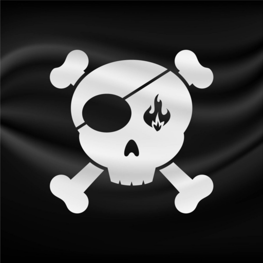 logo de l'équipage fuego en blanc sur fond drapeau pirate